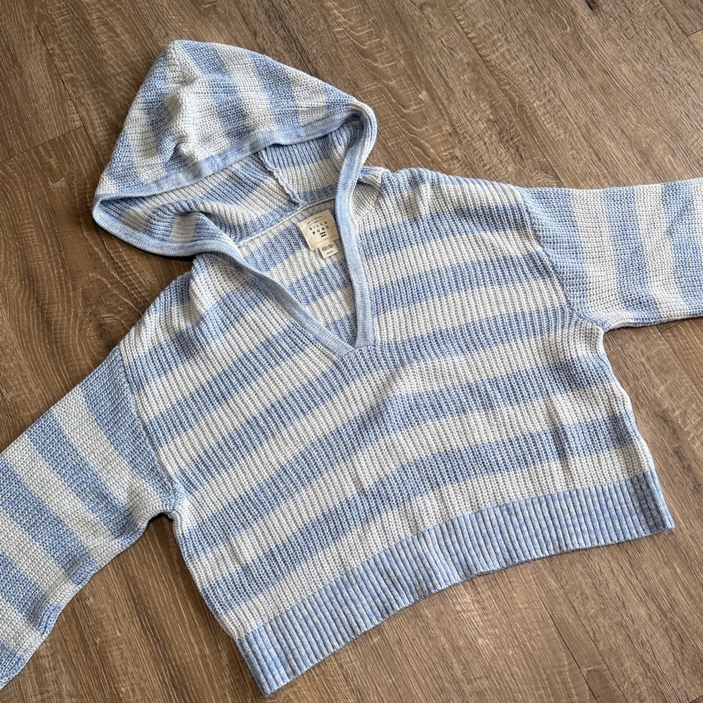 Billabong Light Blue & White Striped Hooded Cropped Sweater